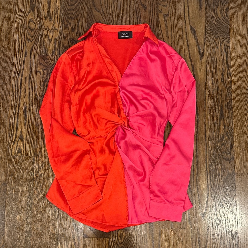 Vici Bold Red and Pink Satin Top